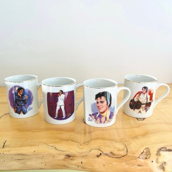 Vintage Set 4 80s Elvis Presley Coffee Cup Mugs 24K 50th Collector Porcelain - Picture 1 of 16
